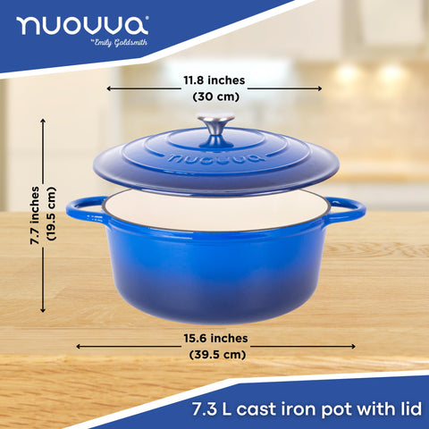 Nuovva cast iron Dutch oven with lid off shows a wide cooking surface for searing.