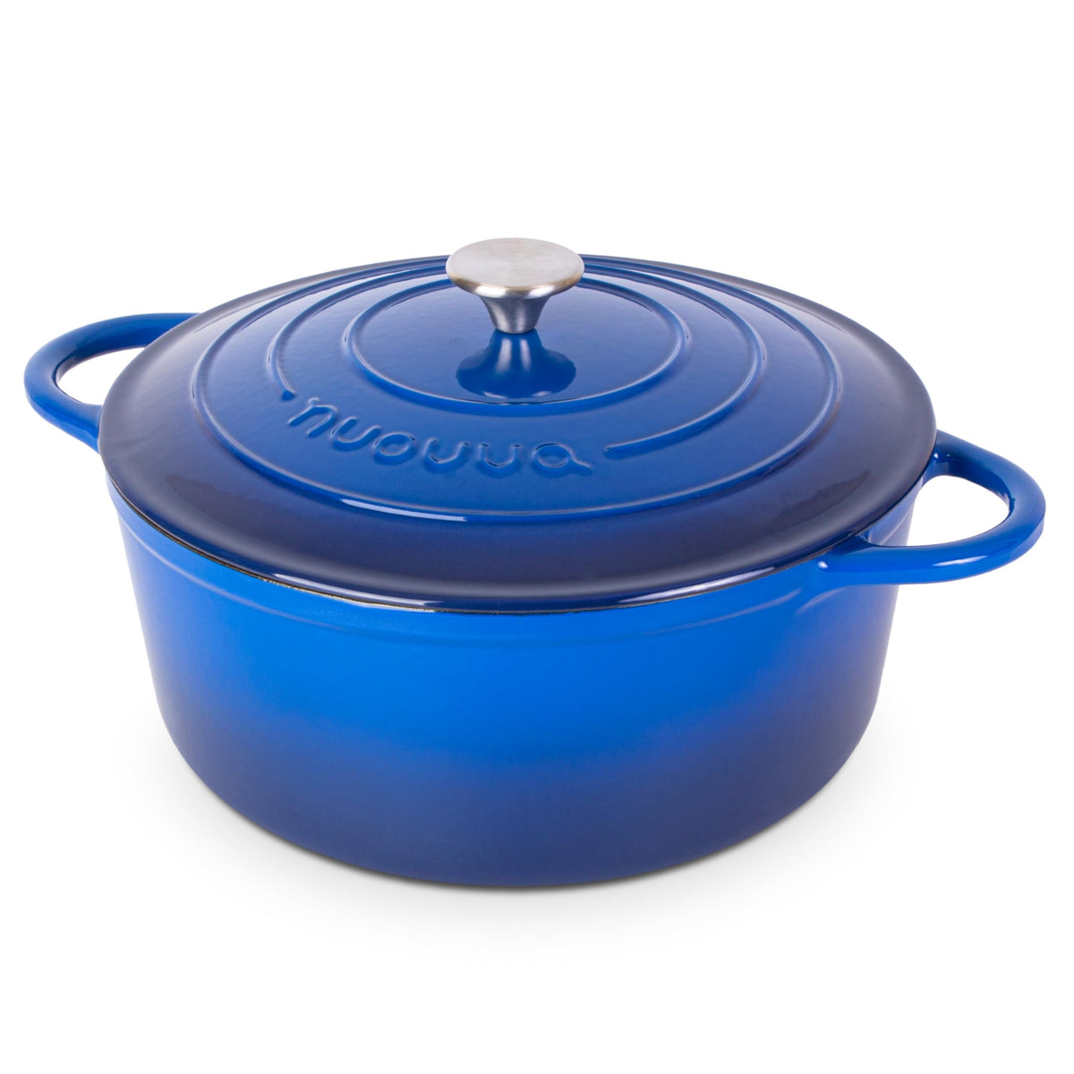 Nuovva cast iron Dutch oven with lid on delivers even heat and easy serving.
