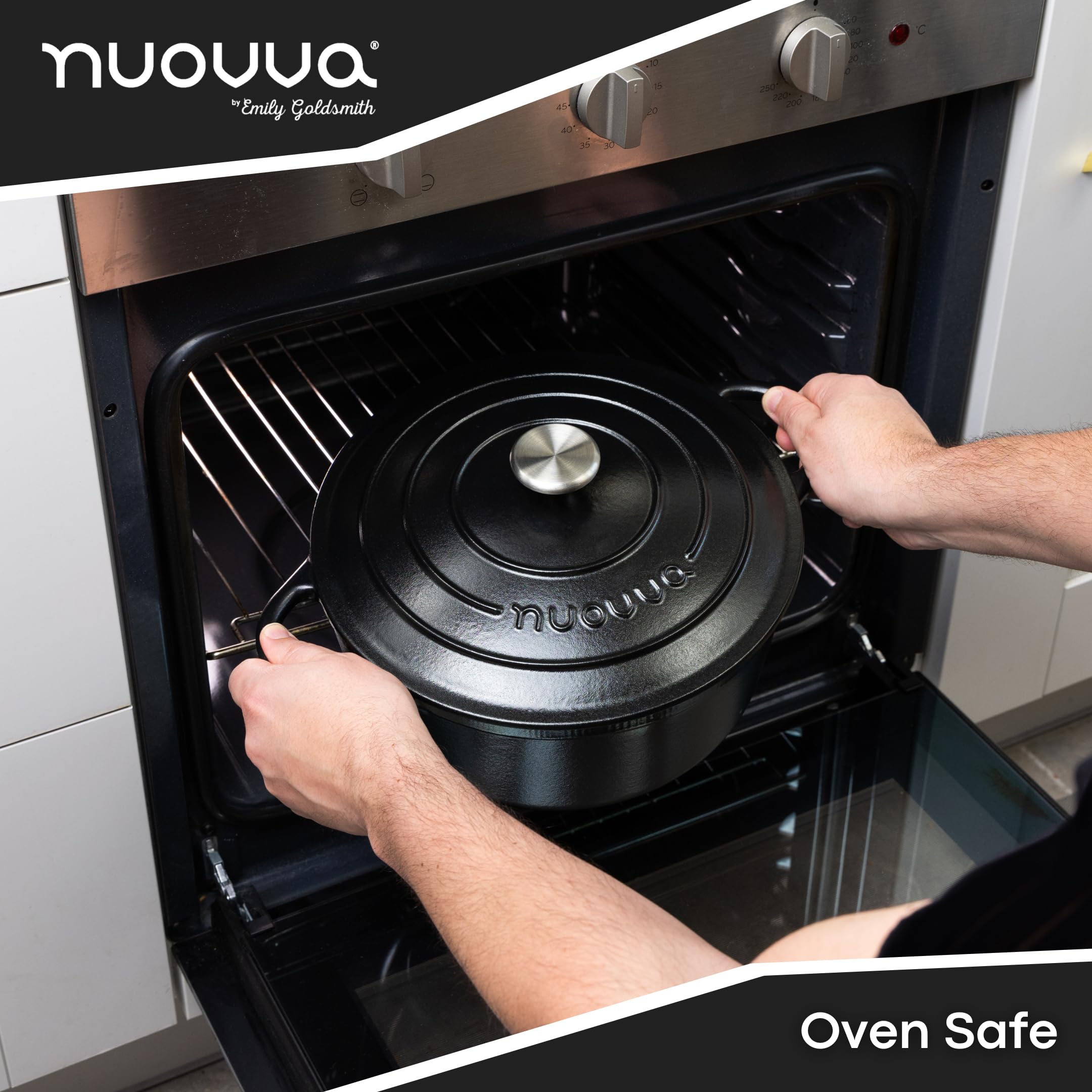 Nuovva Cast Iron Dutch Oven on stovetop for versatile searing
