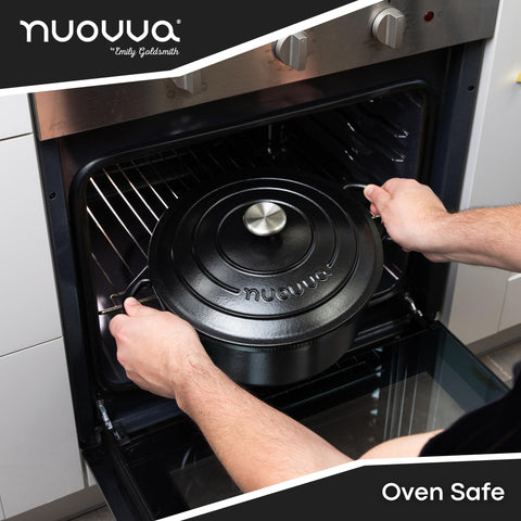 Nuovva Cast Iron Dutch Oven on stovetop for versatile searing