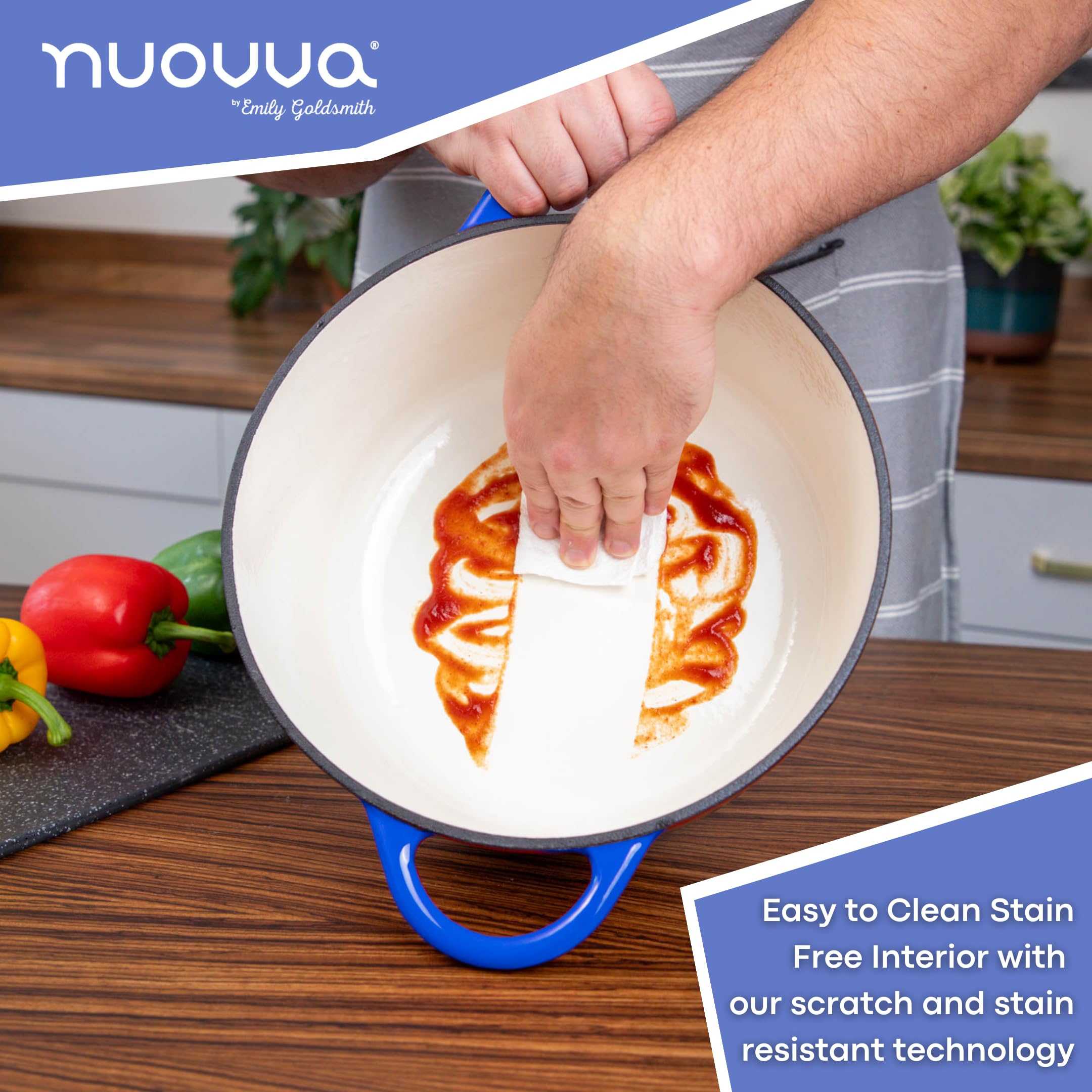 Nuovva ovenproof design supports cooking from hob to oven with confidence.