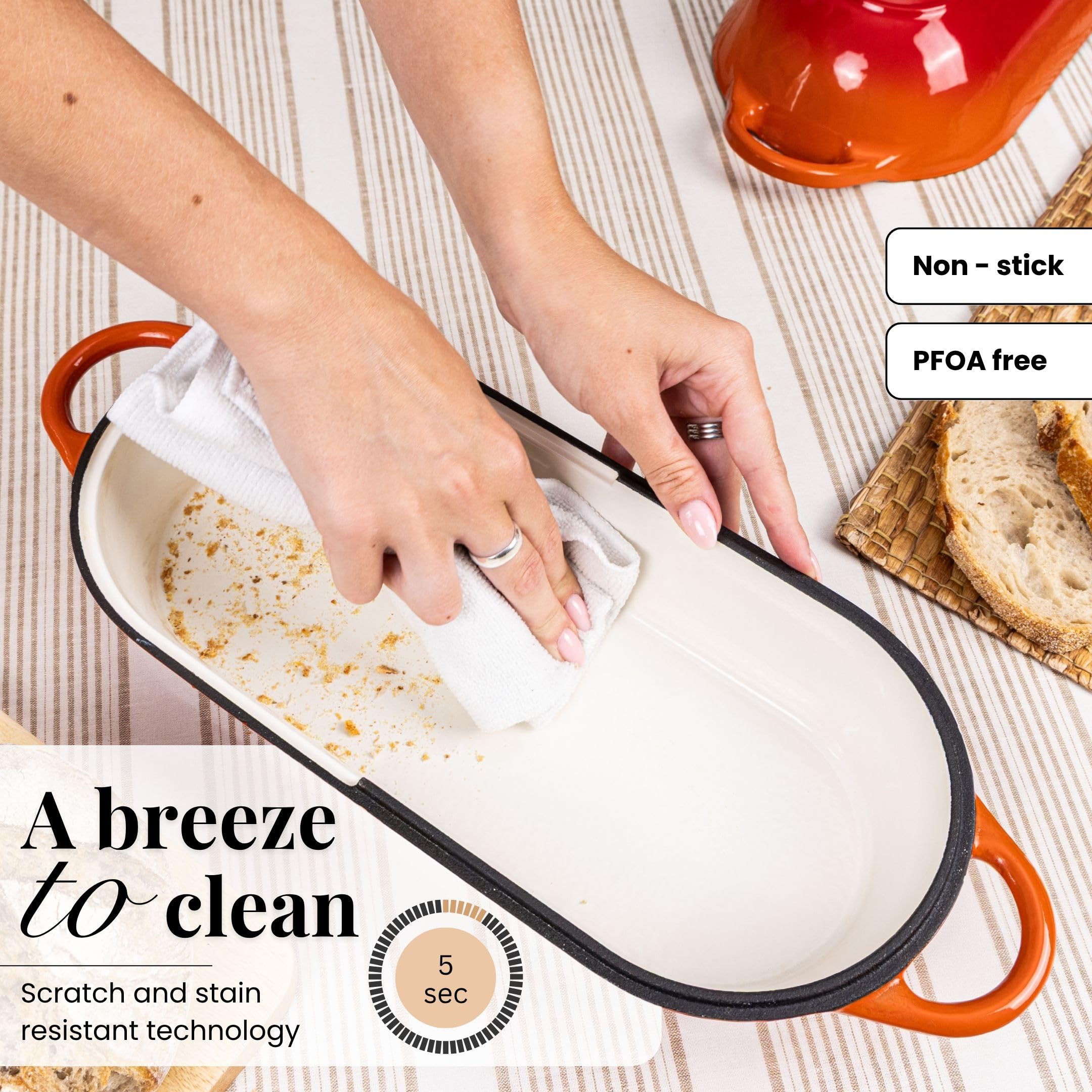 Close-up of durable enamel coating on Nuovva bread pan for resilience.