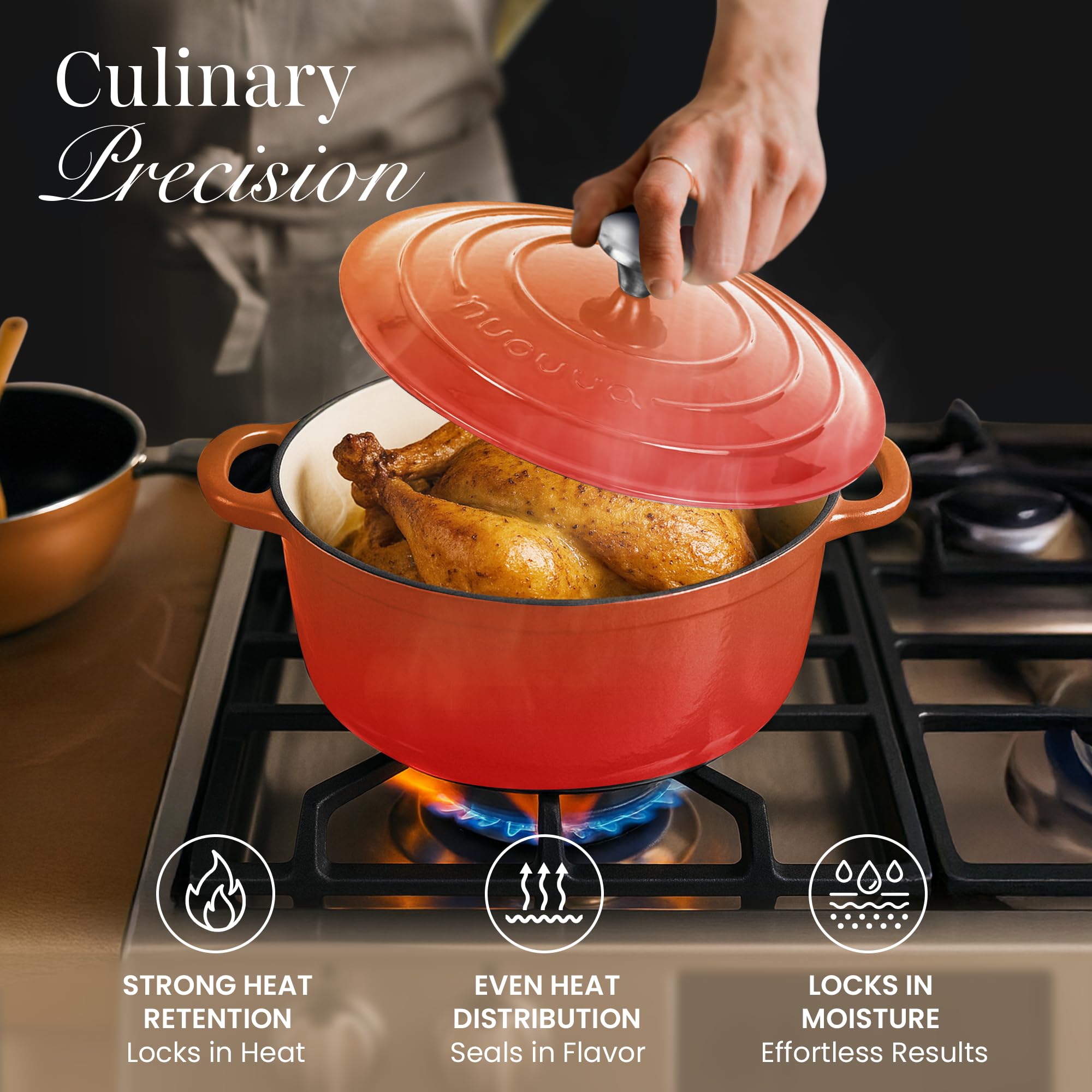 Nuovva enamelled pot withstands up to 500°F for versatile recipes.