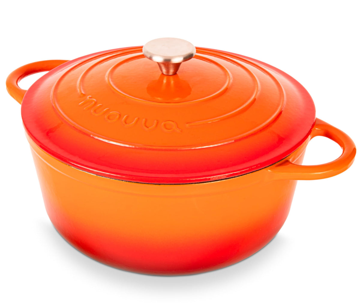 Nuovva enamelled Dutch oven with lid on stove for even heat distribution.