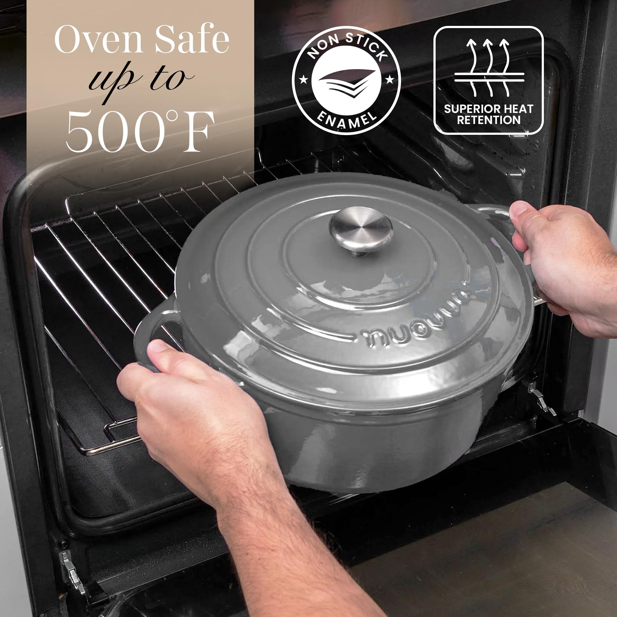 Handles and lid of Nuovva enamelled Dutch oven designed for easy transfer