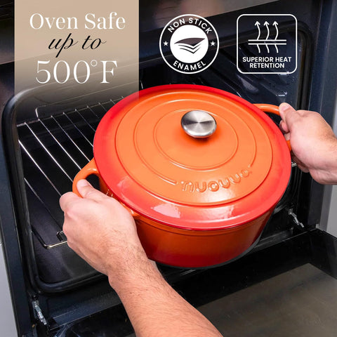 Nuovva enamelled Dutch oven browning and searing for flavorful results.