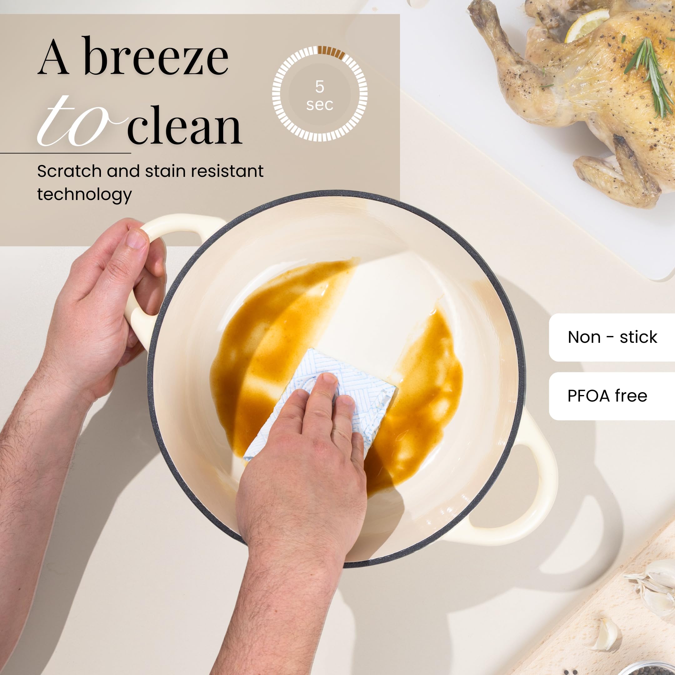 Nuovva enamelled cast iron Dutch oven cream easy-clean finish after cooking