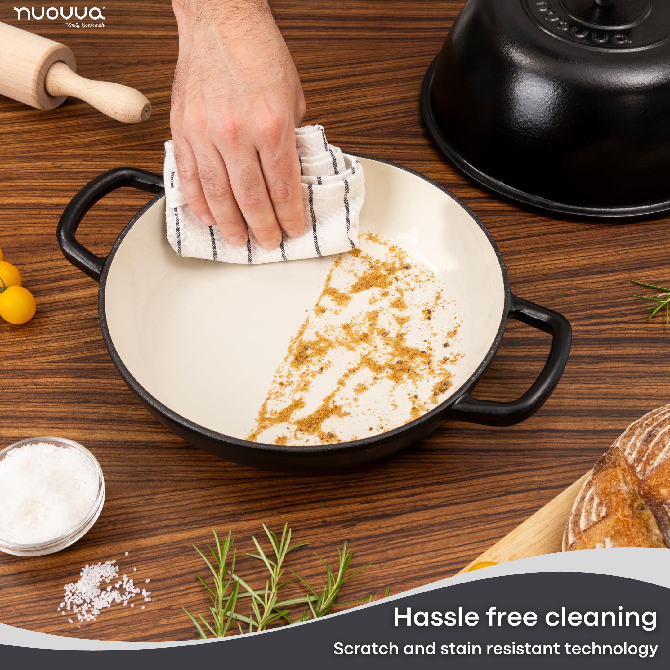 Nuovva bread pot encourages golden crust through steam-trapping lid.