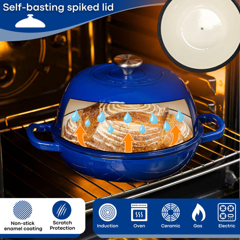 Nuovva Dutch oven lid traps steam for moist crumb and golden crust.
