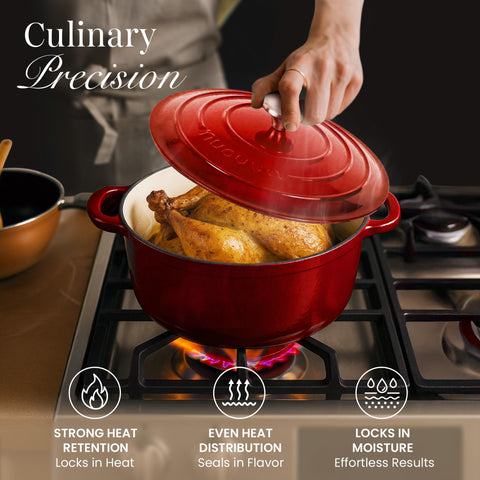 Nuovva bright red enamel adds color to kitchen while cooking