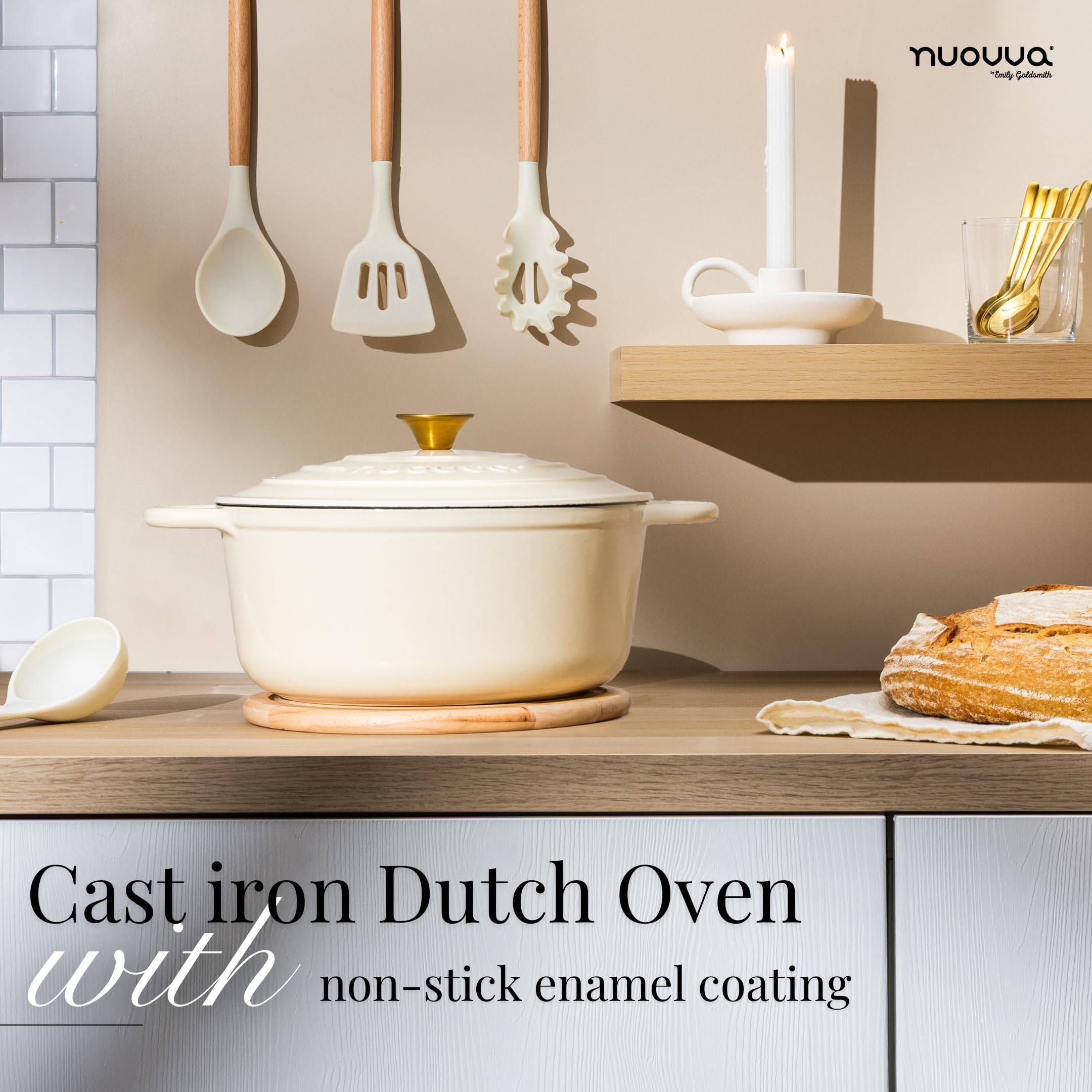 Nuovva enamelled cast iron Dutch oven cream on hob then oven for braising