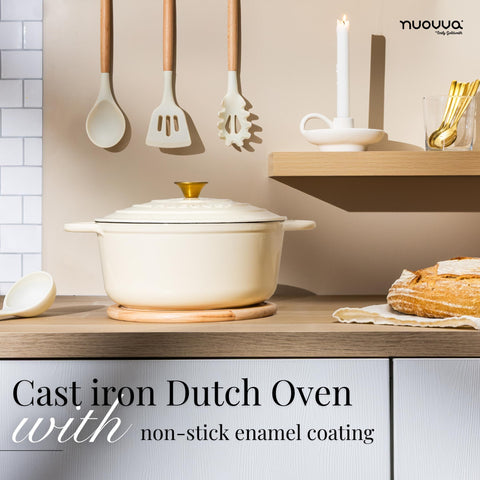 Nuovva enamelled cast iron Dutch oven cream on hob then oven for braising