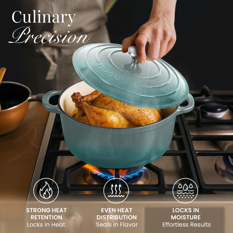 Nuovva Dutch oven shown on a table for serving family-style meals.