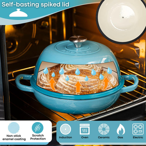 Nuovva Dutch oven steam-trap lid action for moist crumbs and crust.