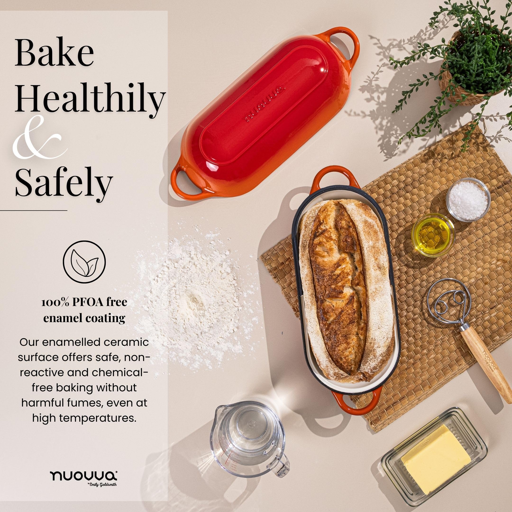 Enamel surface on Nuovva bread loaf pan is easy to clean.