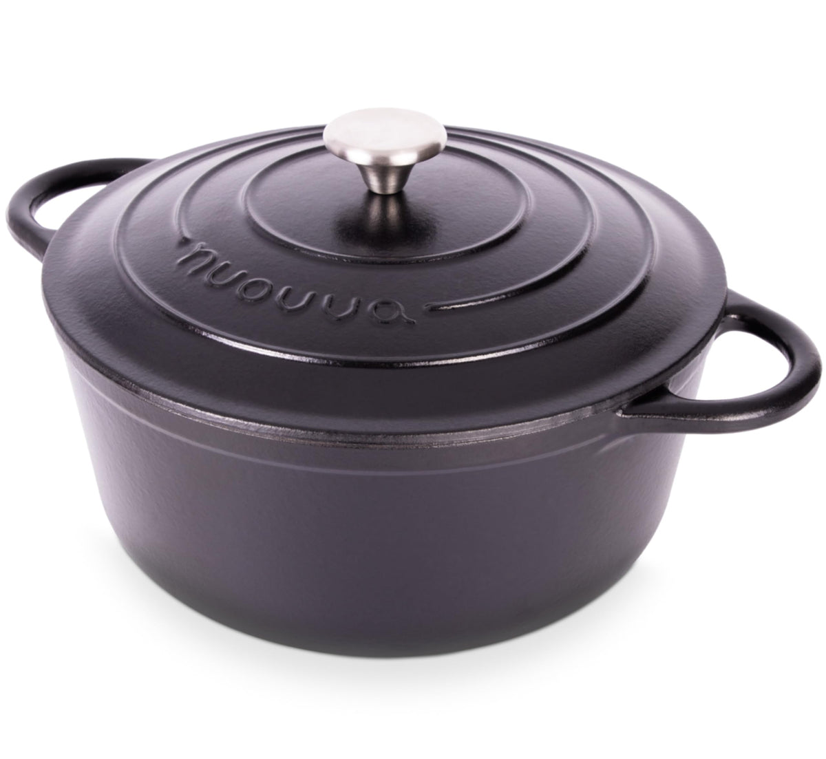 Nuovva enamelled cast iron Dutch oven 28cm black for even heat and easy cleaning.
