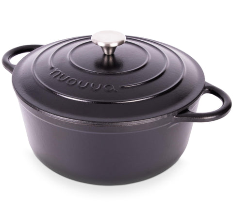 Nuovva enamelled cast iron Dutch oven 28cm black for even heat and easy cleaning.