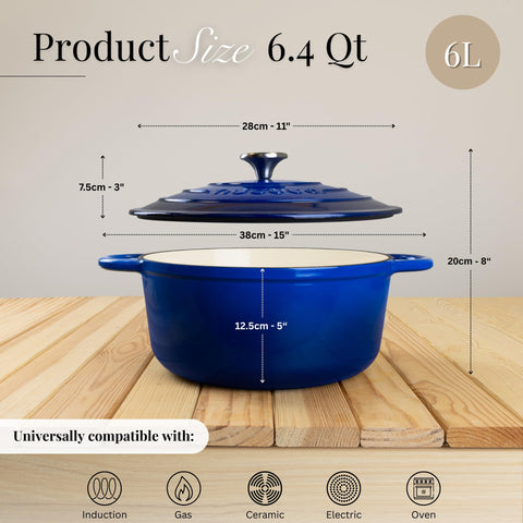 Nuovva enamelled cast iron dutch oven 28cm dark blue side handles, for safe lifting