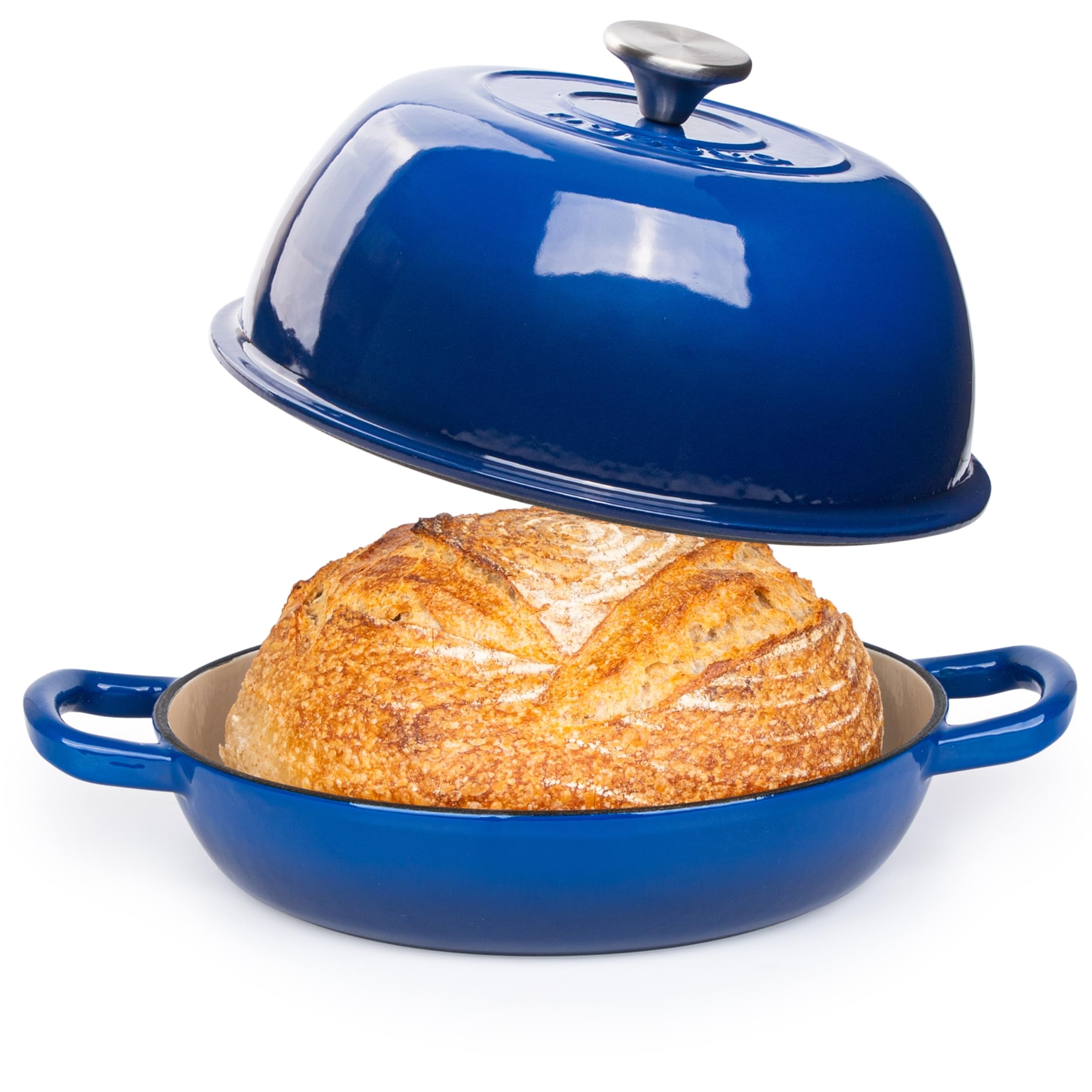 Nuovva enamelled cast iron Dutch oven 6qt in dark blue, ideal for even bread baking.