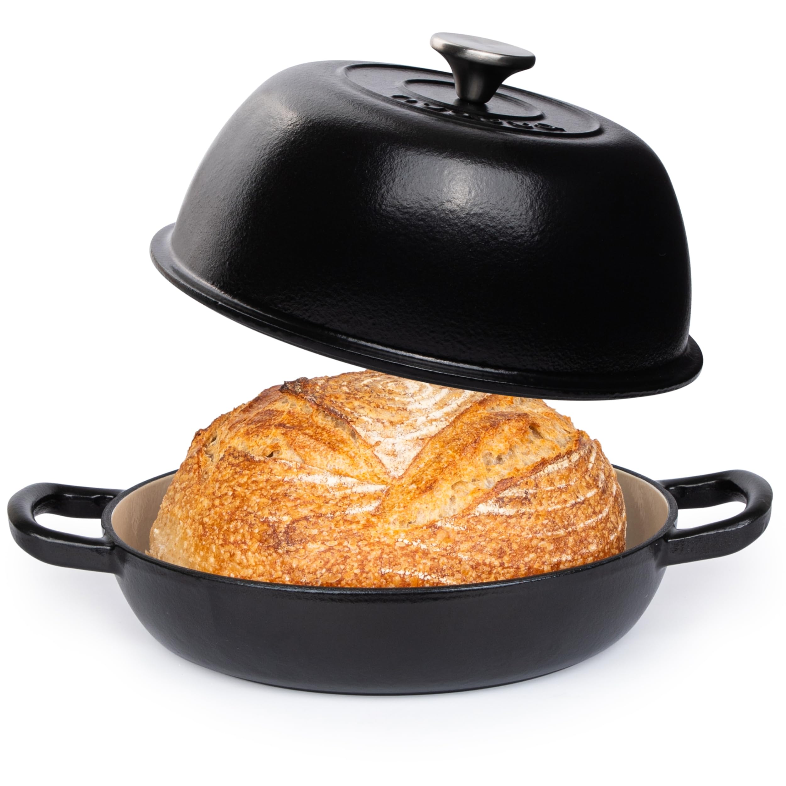 Nuovva enamelled cast iron dutch oven 6qt shows even heat distribution for bread.