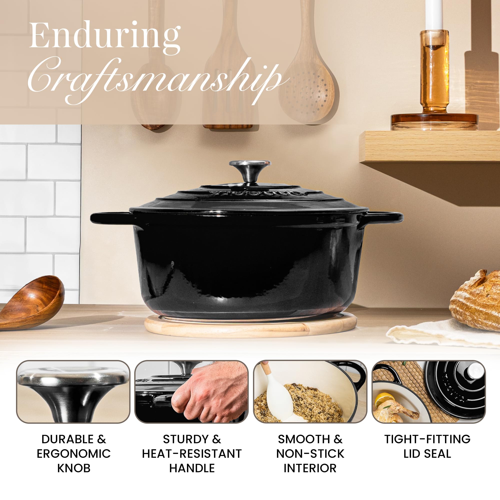 Nuovva enamelled cast iron Dutch oven supports bread baking with even heat.