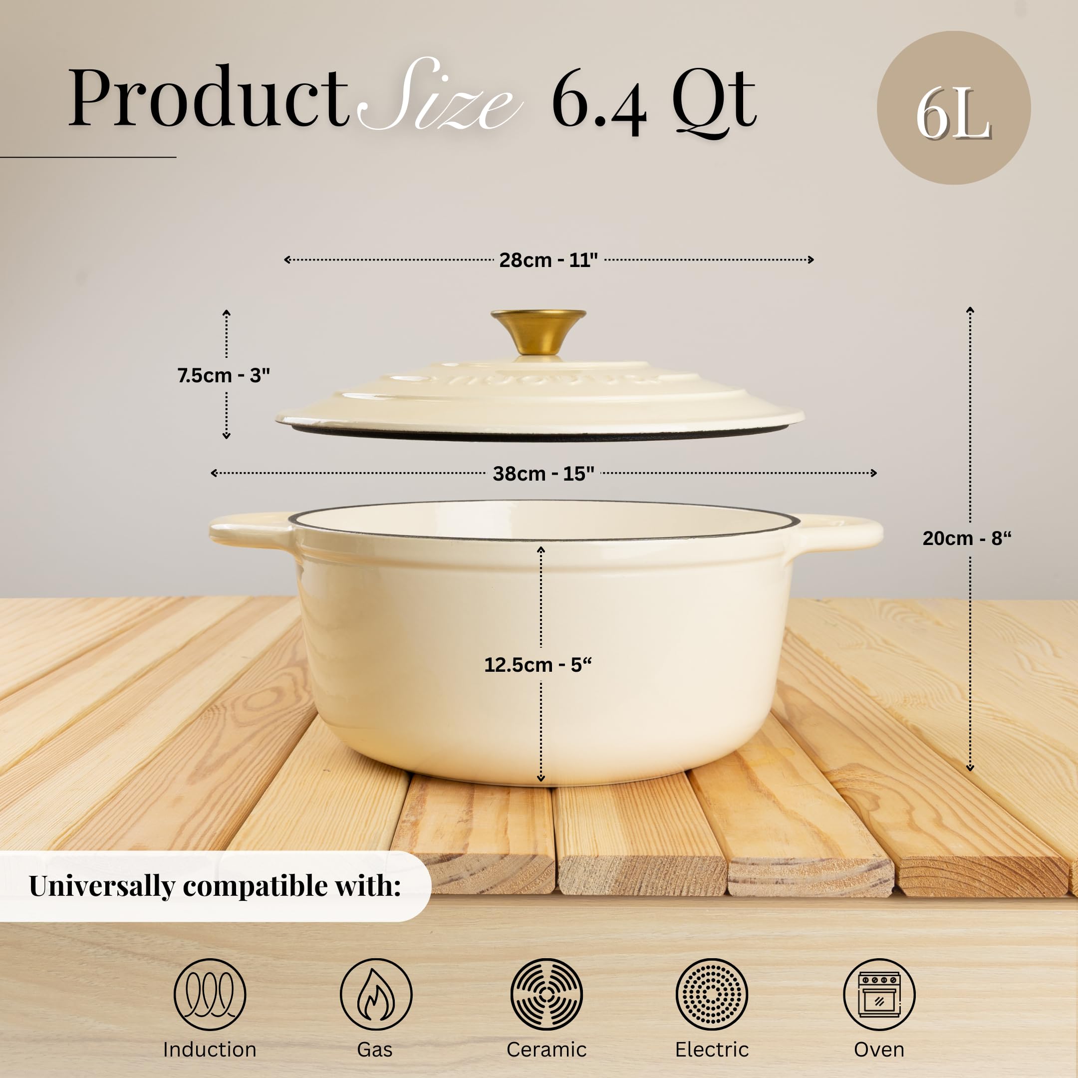 Nuovva enamelled cast iron Dutch oven cream interior view suitable for browning