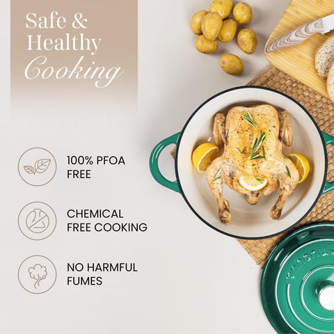 Nuovva enamelled cast iron Dutch oven in use for stew, dark green