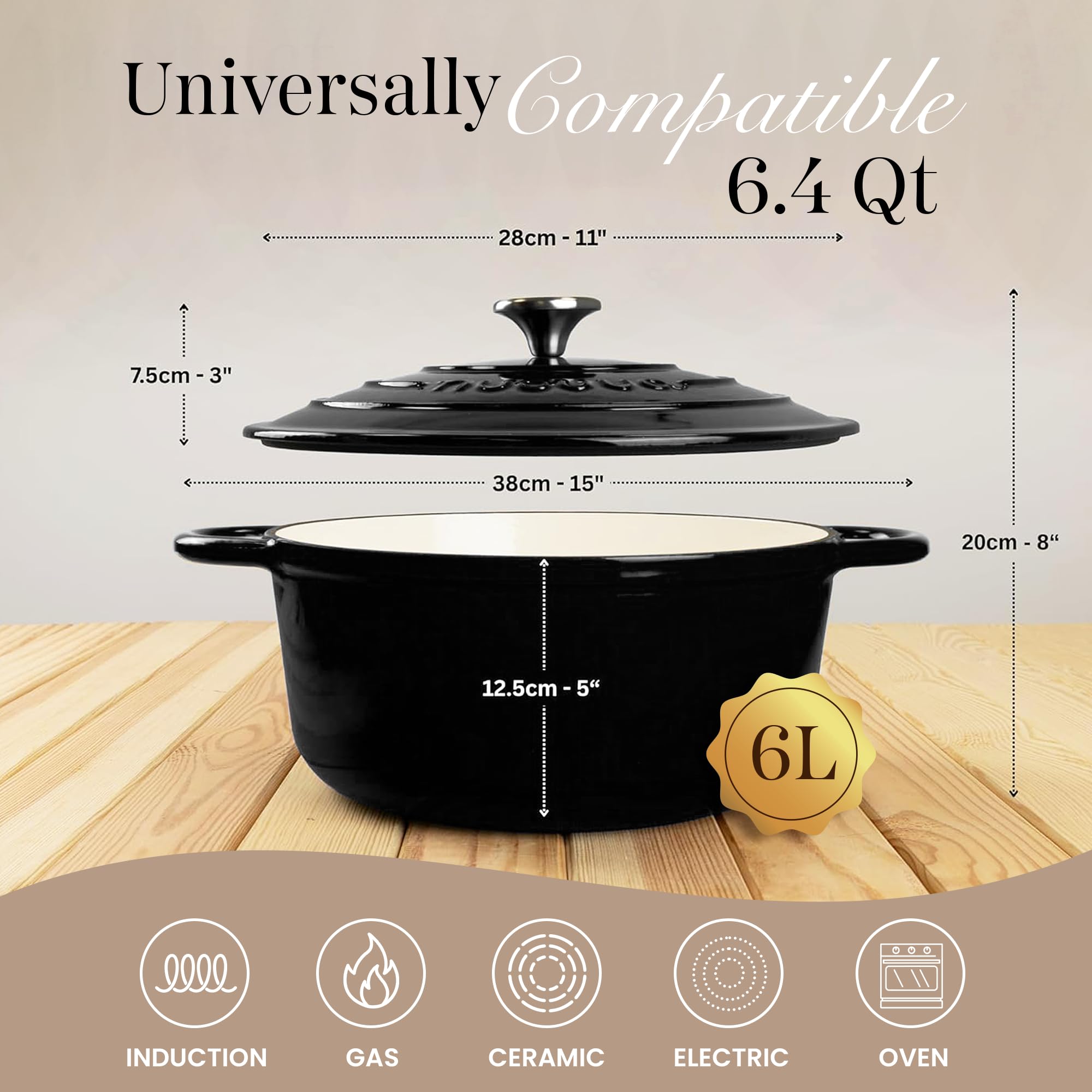 Nuovva enamelled cast iron Dutch oven lid and handles provide secure transfer.