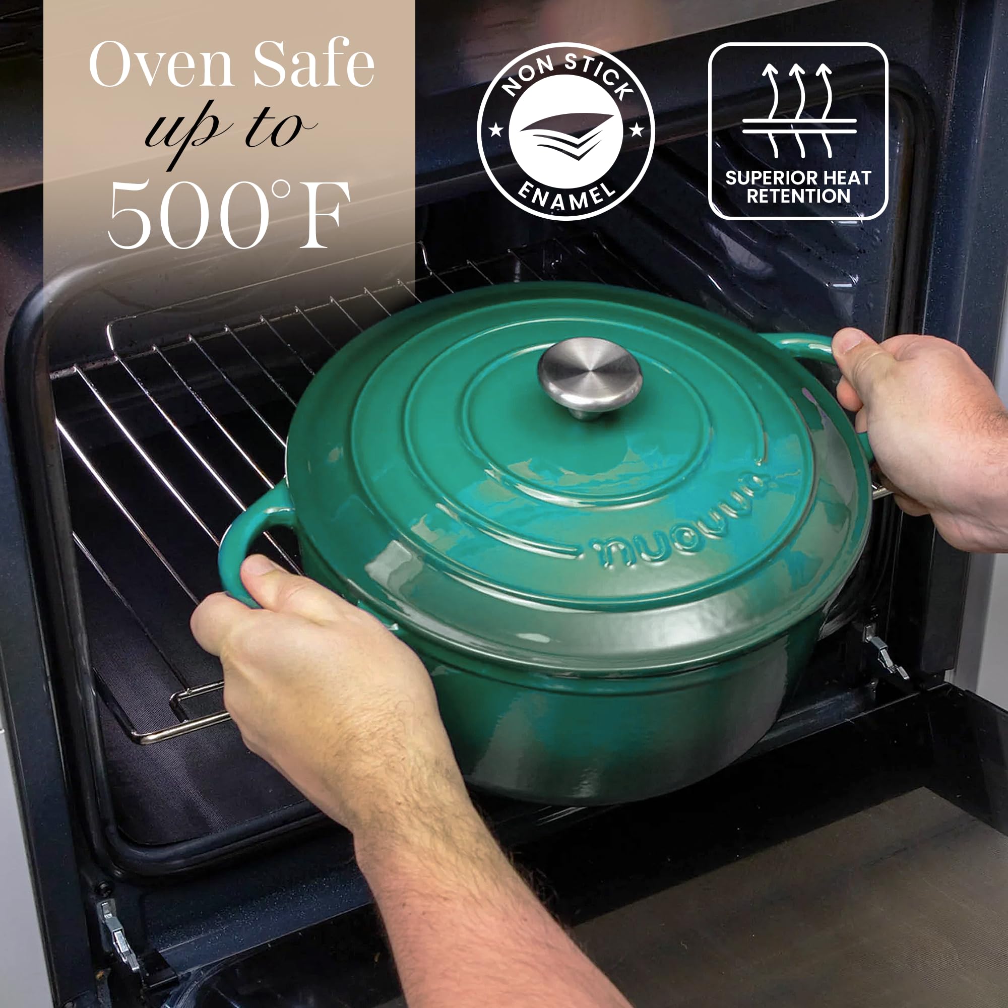 Nuovva lid and pot together in dark green, transition from hob to oven