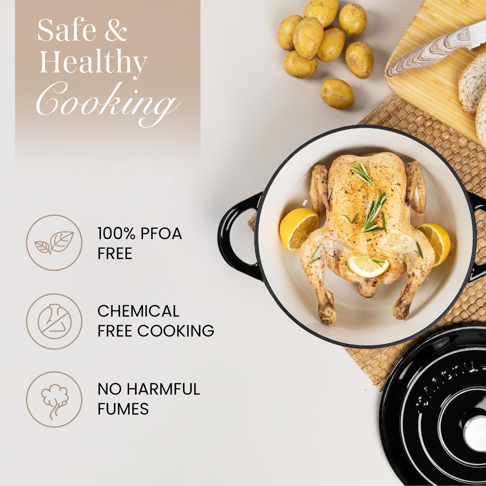 Nuovva enamelled cast iron Dutch oven is oven-safe up to 500°F for versatile meals.