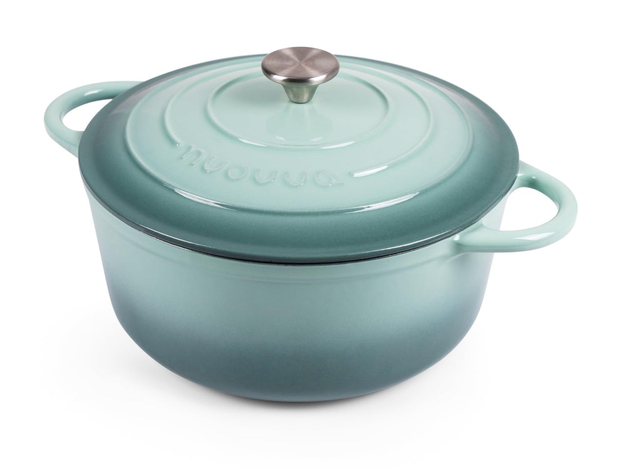 Nuovva Sea Salt enamelled cast iron Dutch oven on stove for even heat and browning.