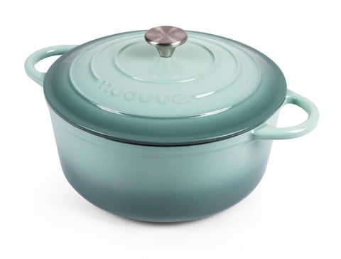 Nuovva Sea Salt enamelled cast iron Dutch oven on stove for even heat and browning.