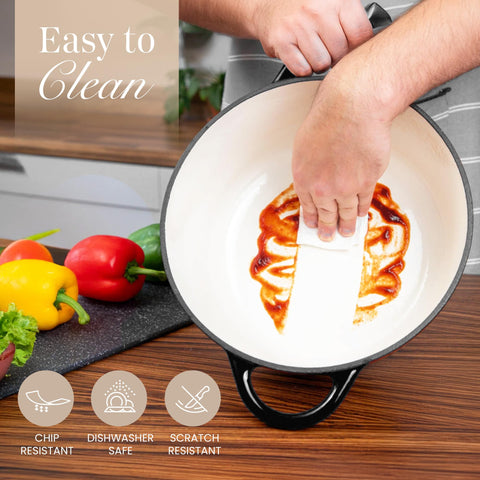 Nuovva enamelled cast iron Dutch oven lends itself to serving at the table.