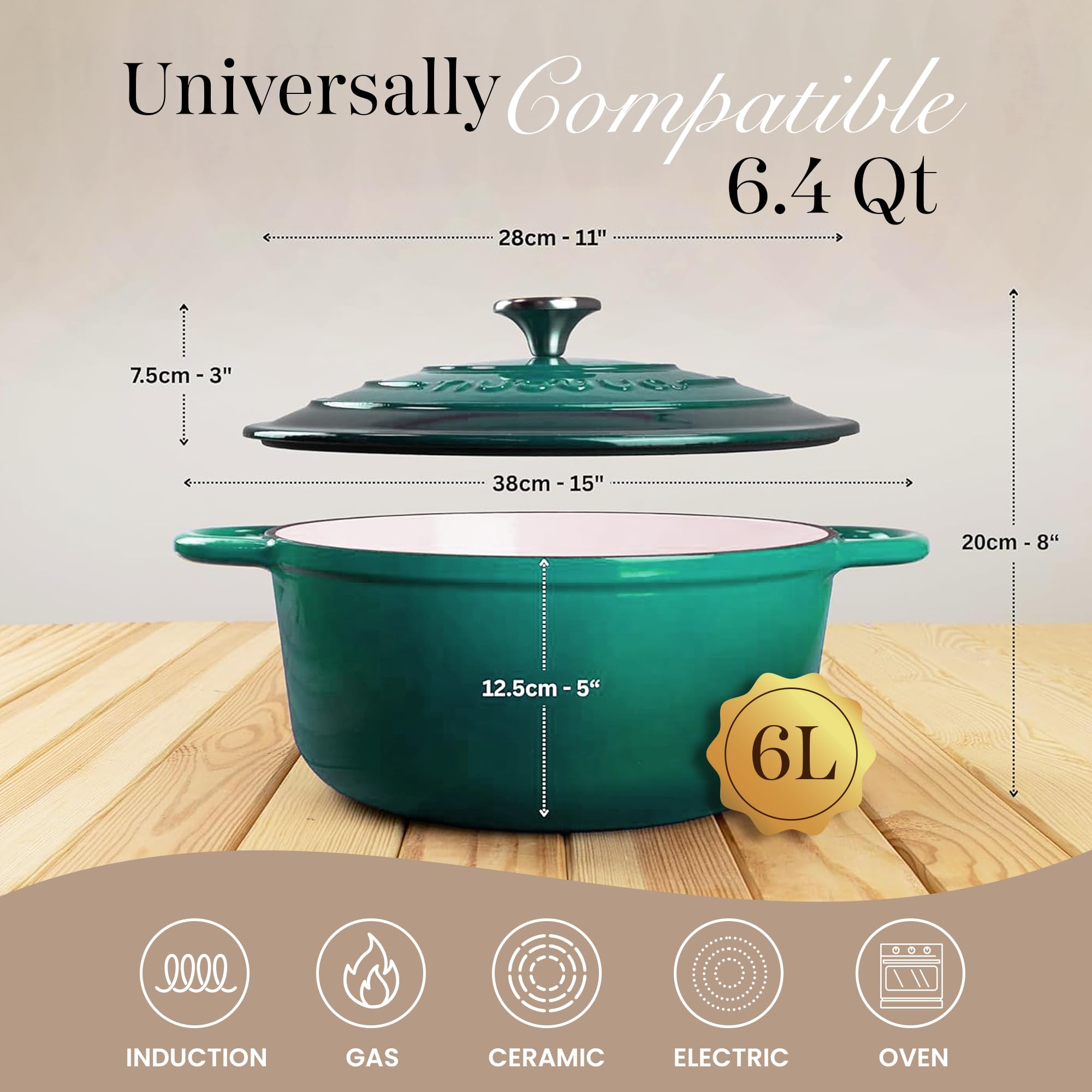 Nuovva Dutch oven side profile in dark green, versatile for searing and braising