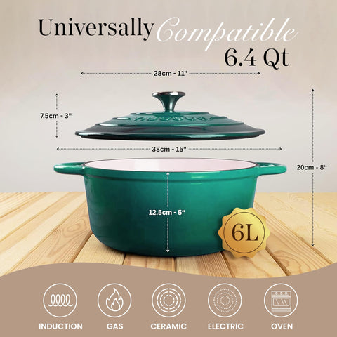 Nuovva Dutch oven side profile in dark green, versatile for searing and braising