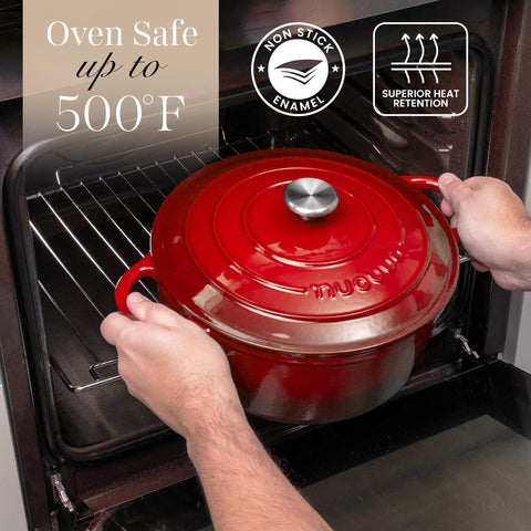 Nuovva red enamelled pot seals juices, ideal for stews and roasting