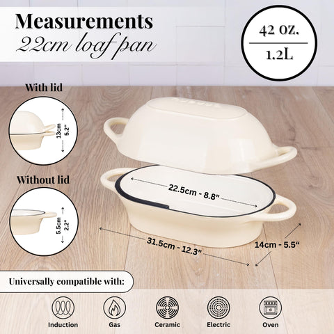 Nuovva enamelled cast-iron loaf pan in cream provides even heat for uniform crust.