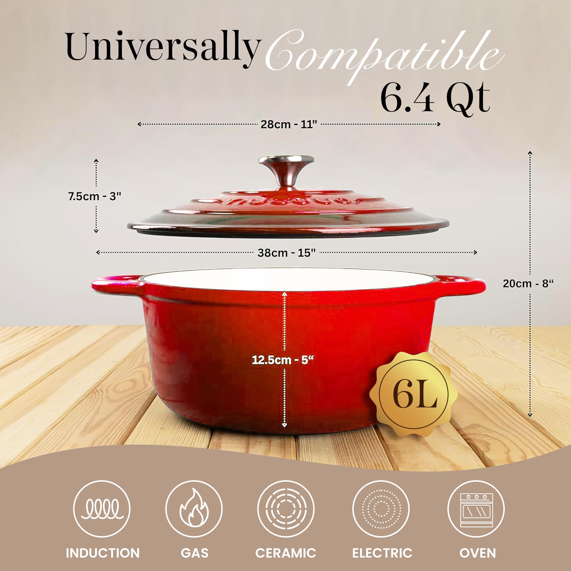 Nuovva red enamelled Dutch oven interior supports easy browning and cleanup