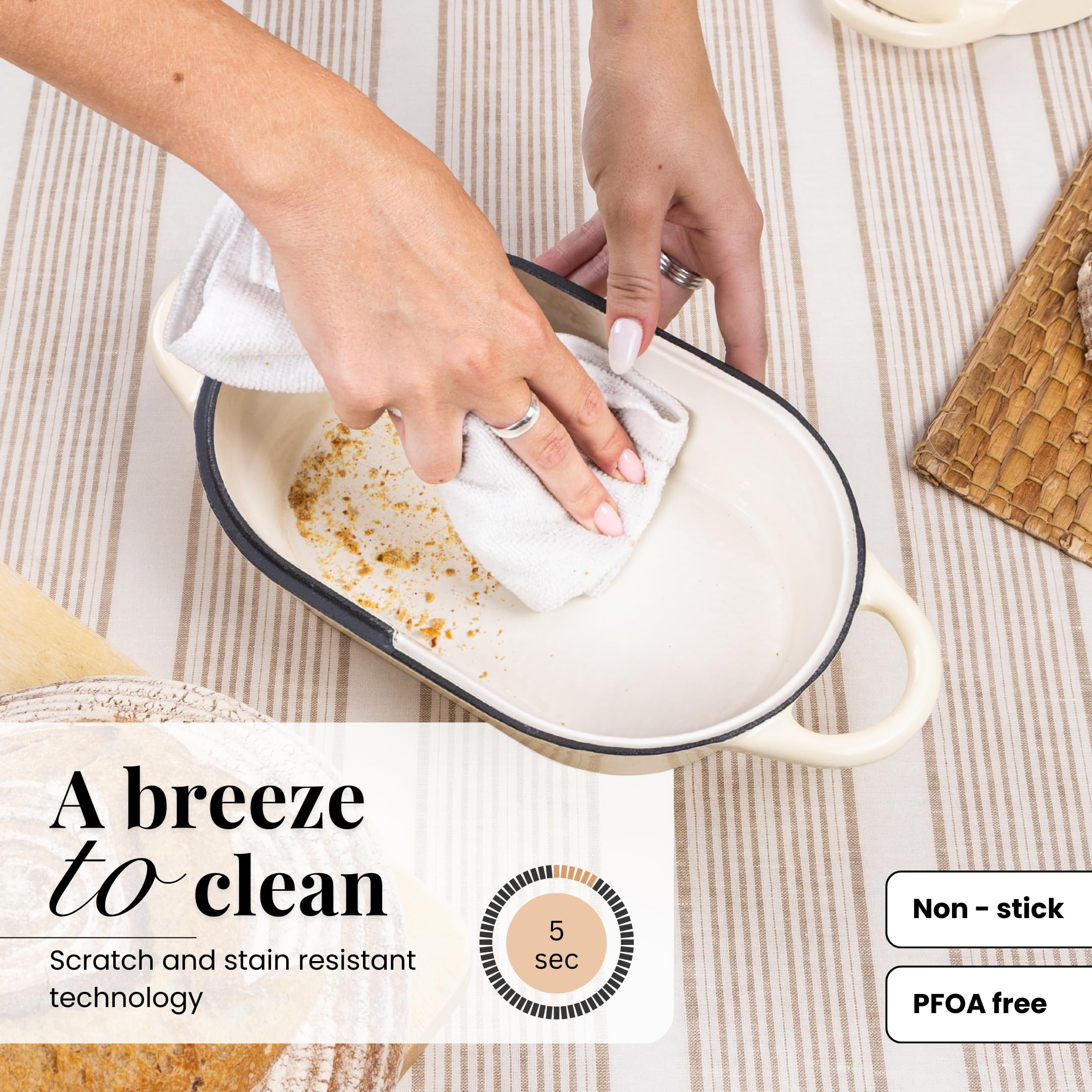 Nuovva even-heat retention cast iron ensures consistent results and browning.