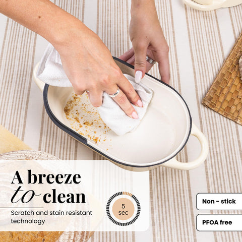 Nuovva even-heat retention cast iron ensures consistent results and browning.