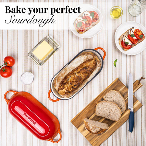 Nuovva rectangular bread pot on a kitchen counter ready for daily loaves.