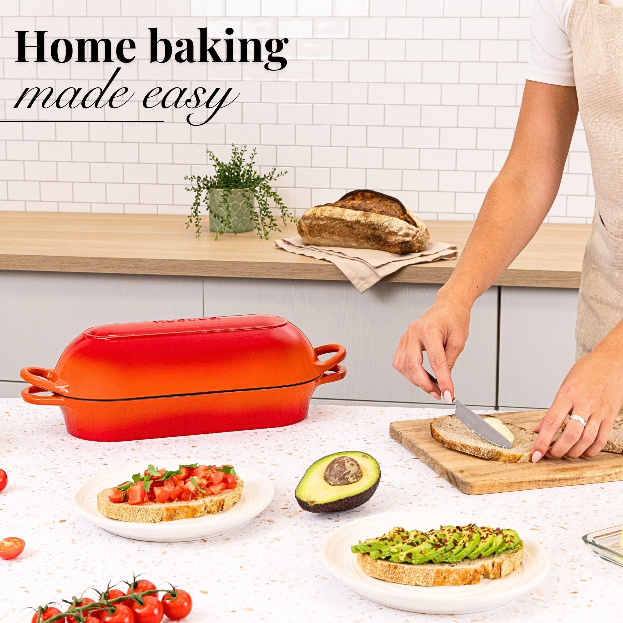 Nuovva loaf pan with long handles enables easy oven transfer.