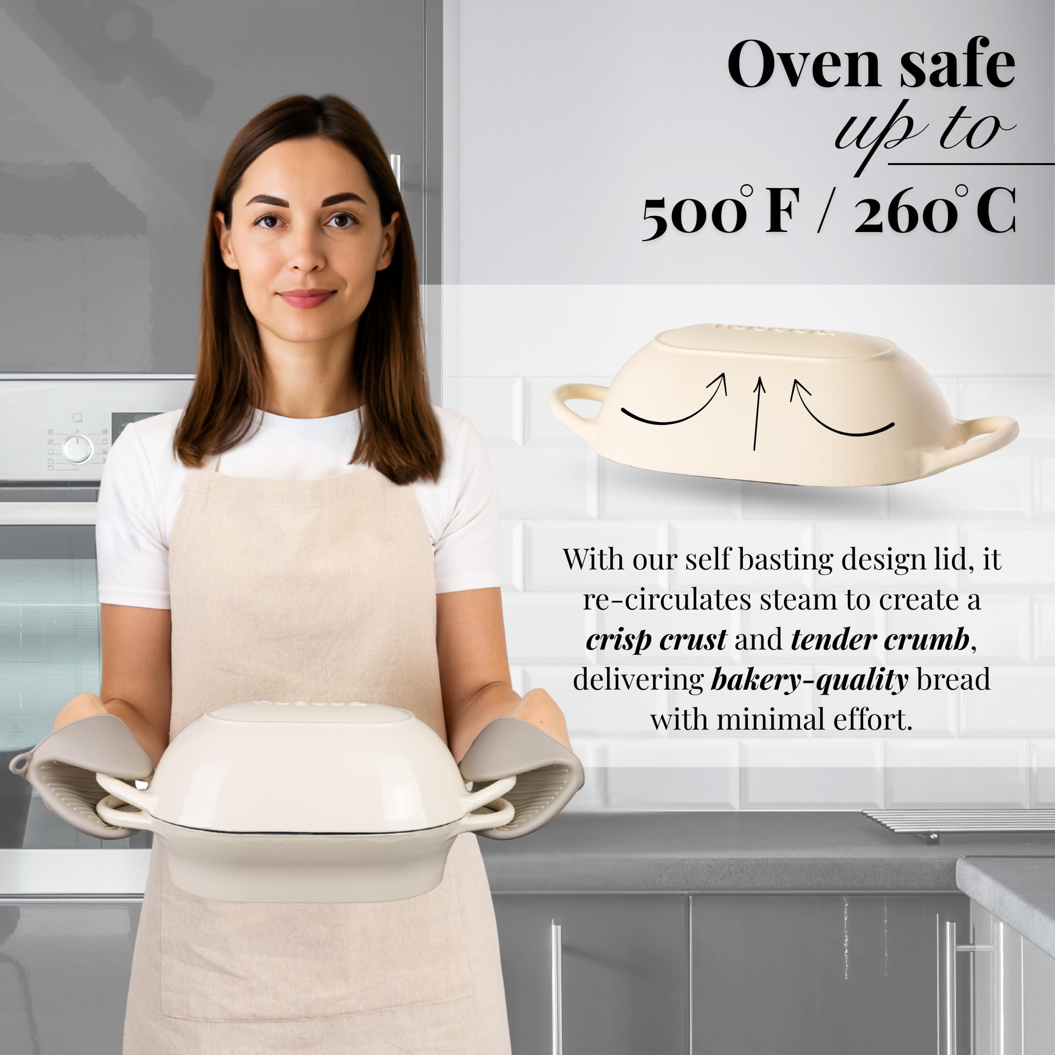 Nuovva oven-safe 500f design supports high-heat baking and roasting.