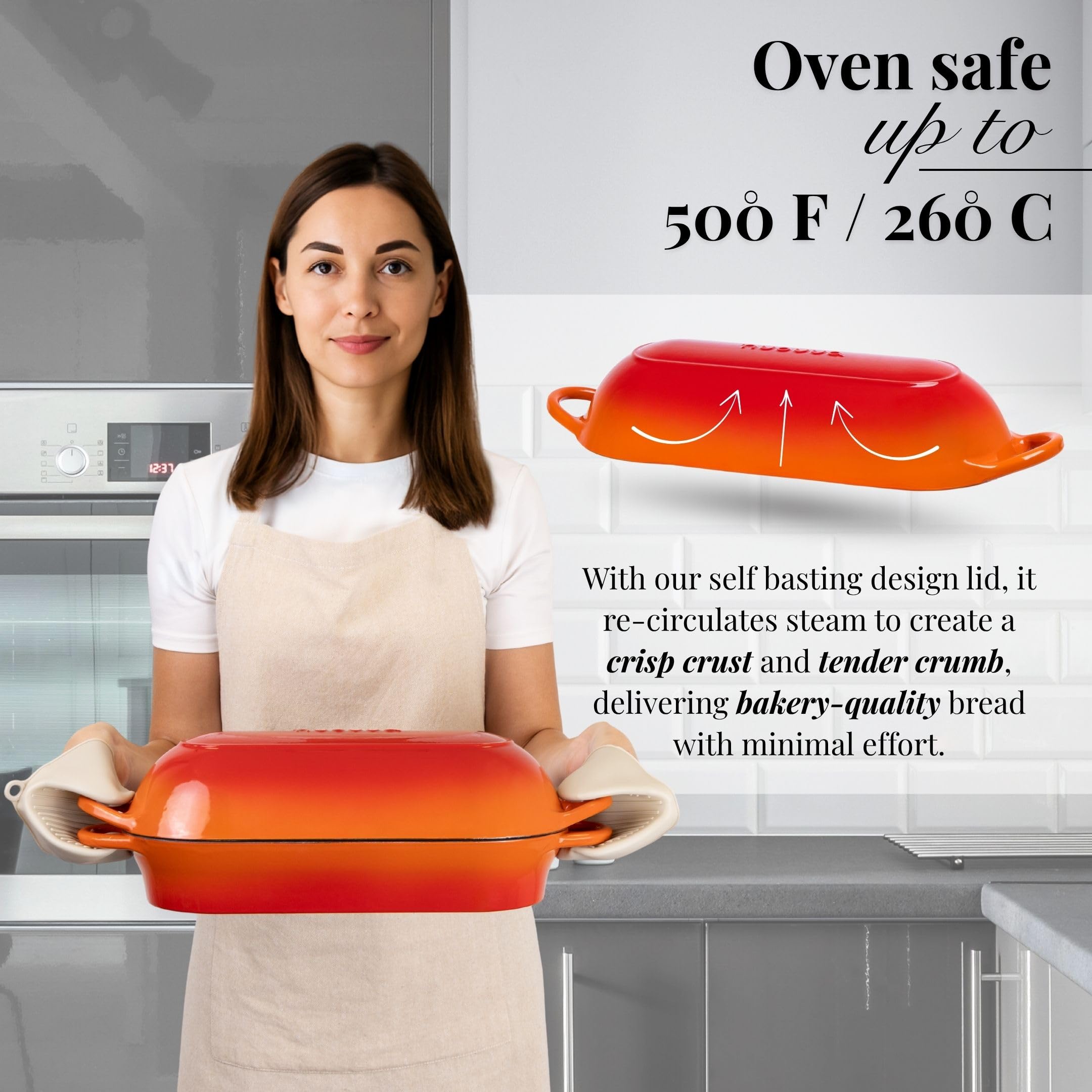 Nuovva oven-safe cast iron bread pan in orange for high-heat cooking.
