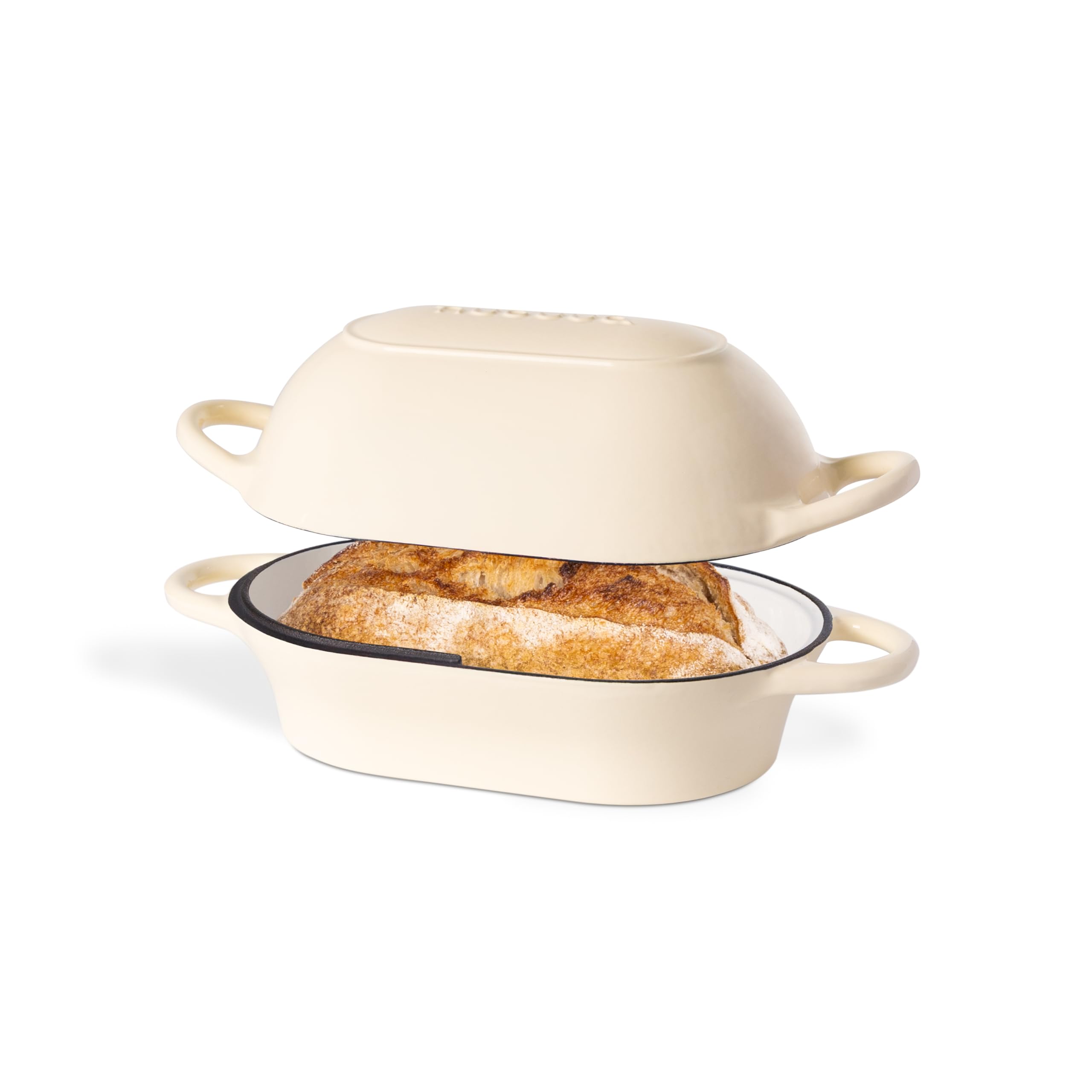 Nuovva rectangular cream Dutch oven showcases a classic bread-baking shape for sourdough.