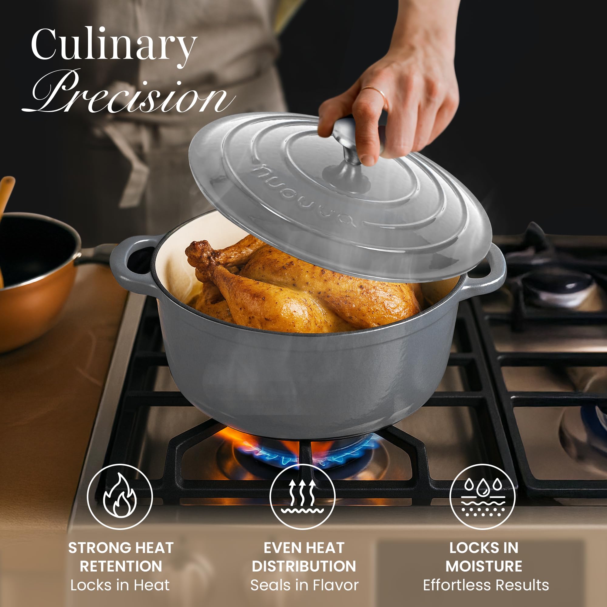 Round Nuovva Dutch oven handles and grey enamel finish