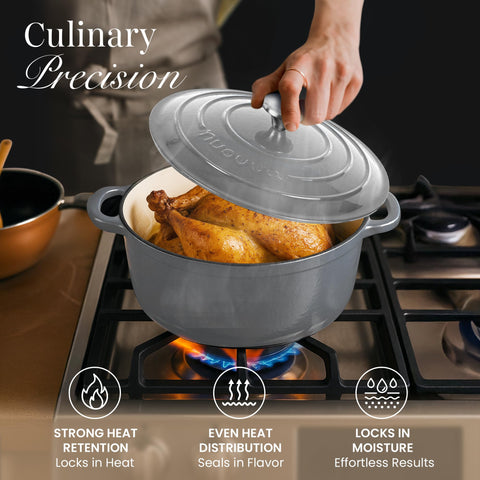 Round Nuovva Dutch oven handles and grey enamel finish