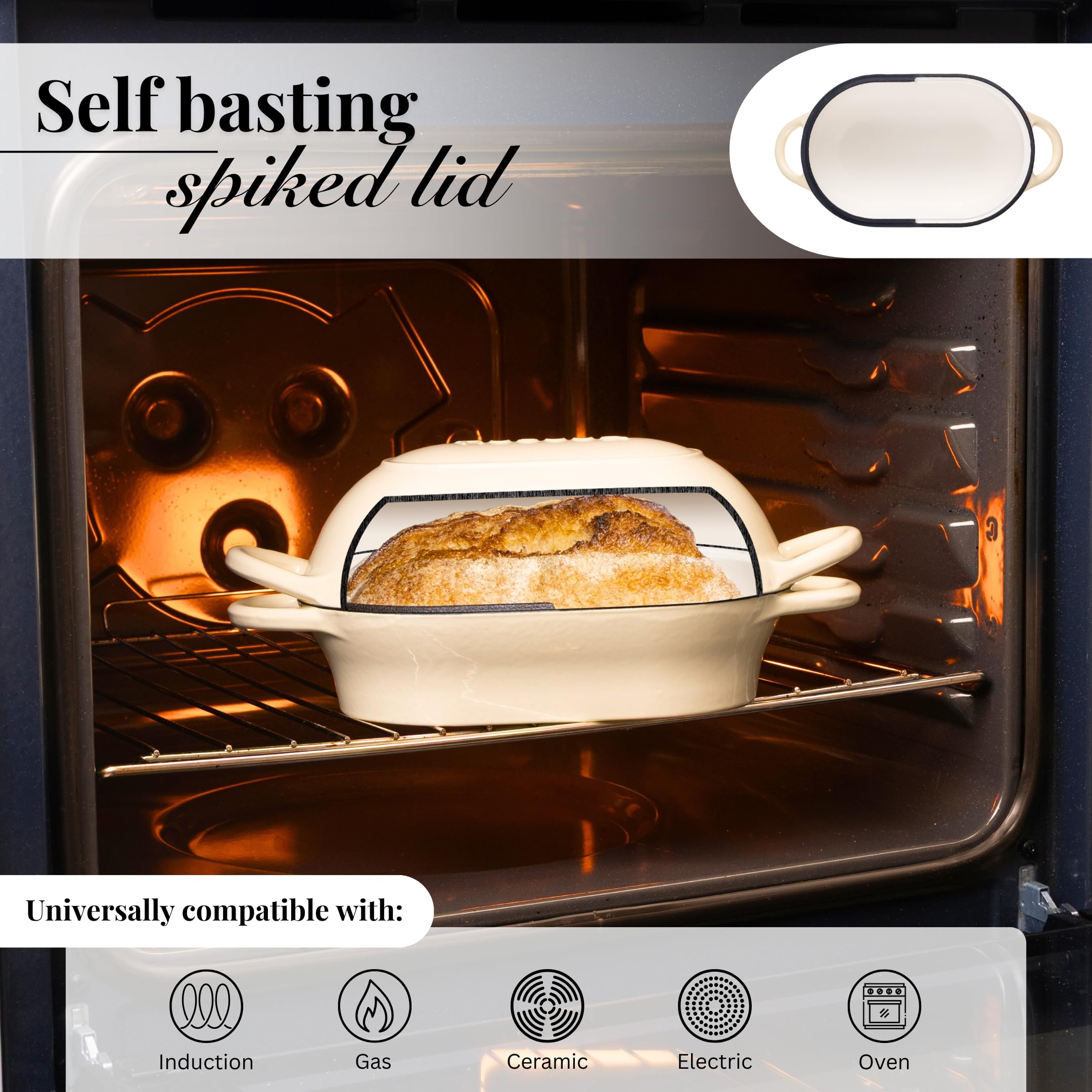 Nuovva self-basting lid promotes moisture retention for tender loaves and braises.