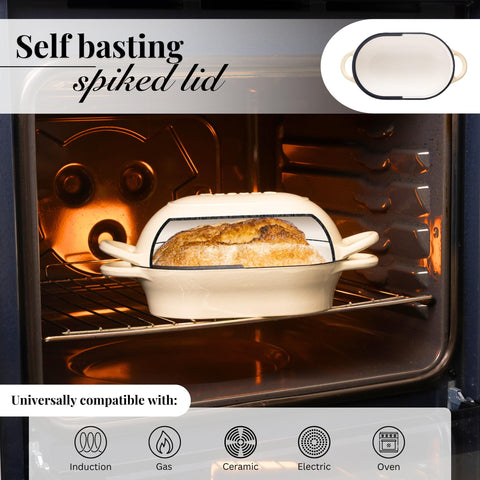 Nuovva self-basting lid promotes moisture retention for tender loaves and braises.