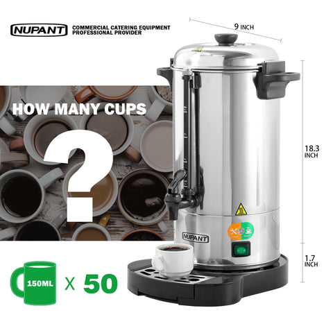 NUPANT coffee urn 8l side view shows durable stainless steel build for daily service.